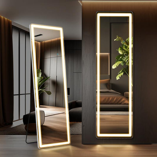 PINGO Decor 64" X 21" Full-Length Mirror with LED Lights and 3 Color Temperature Switch, Sturdy Stand and Wall Mount Option, Durable Glass for Space-Saving, Ideal Gift for Valentine'S Day Birthday